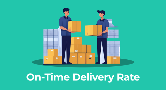 Illustration of warehouse workers with boxes and text, "On-time delivery rate"