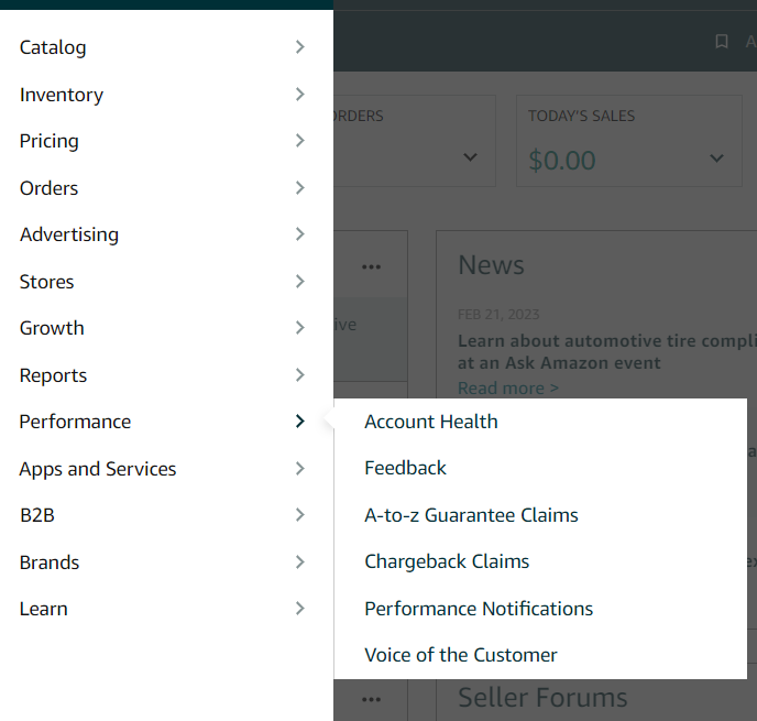 Performance submenu on Amazon Seller Central