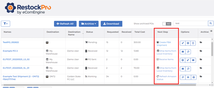 Next step column on the POs and Shipments page in RestockPro