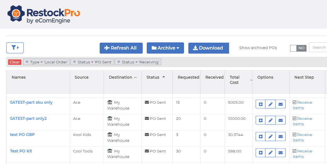 Purchase order history in RestockPro