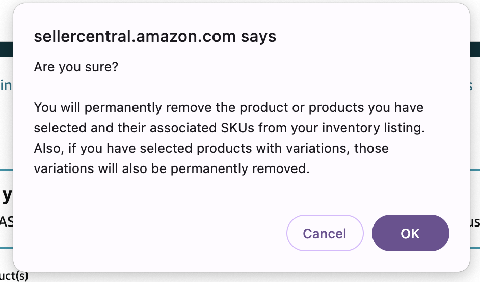 Amazon warning message for permanently removing SKUs