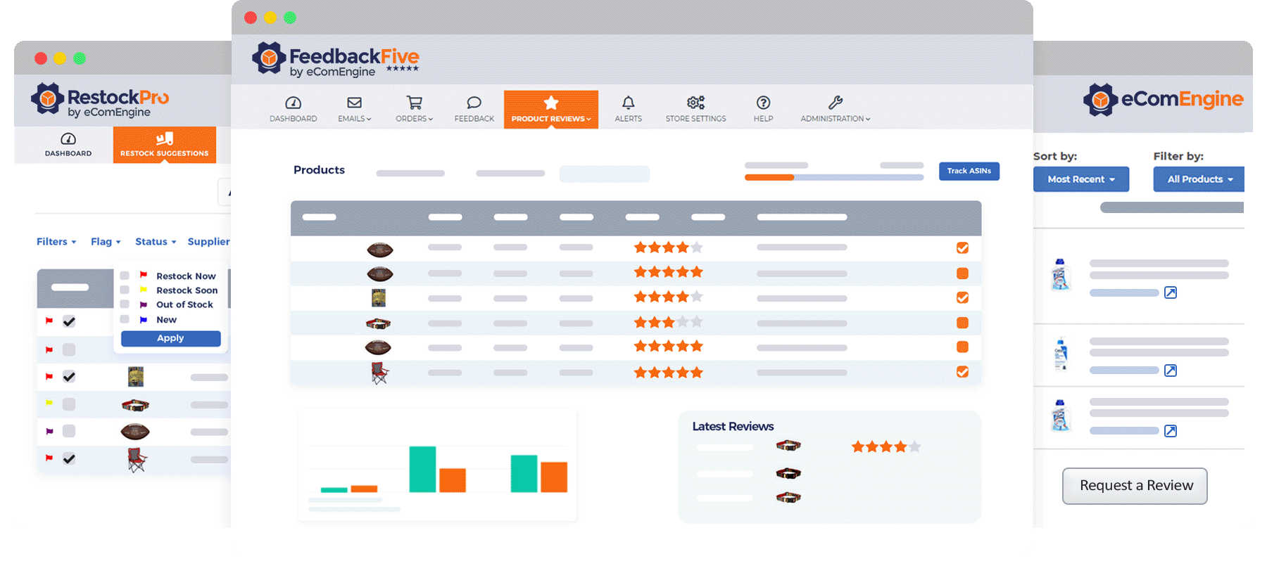 RestockPro, FeedbackFive, and eComEngine illustration