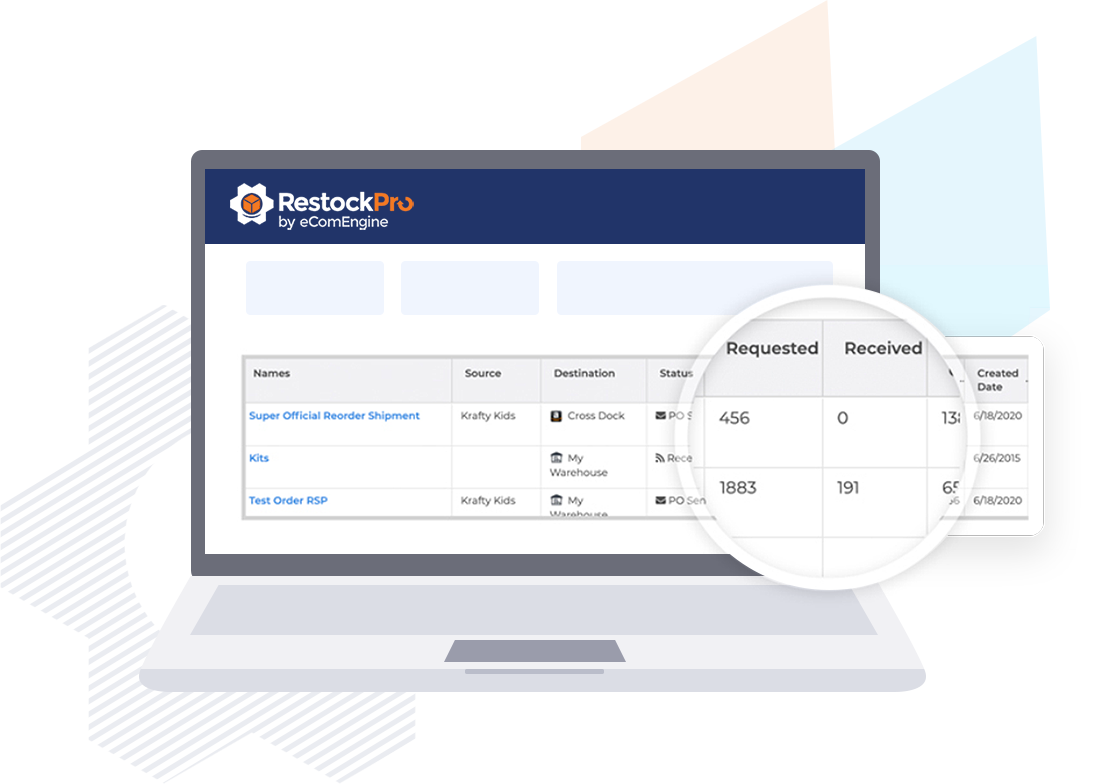 Zoomed in illustration of the requested and received columns on the Purchase Orders and Shipments page in RestockPro