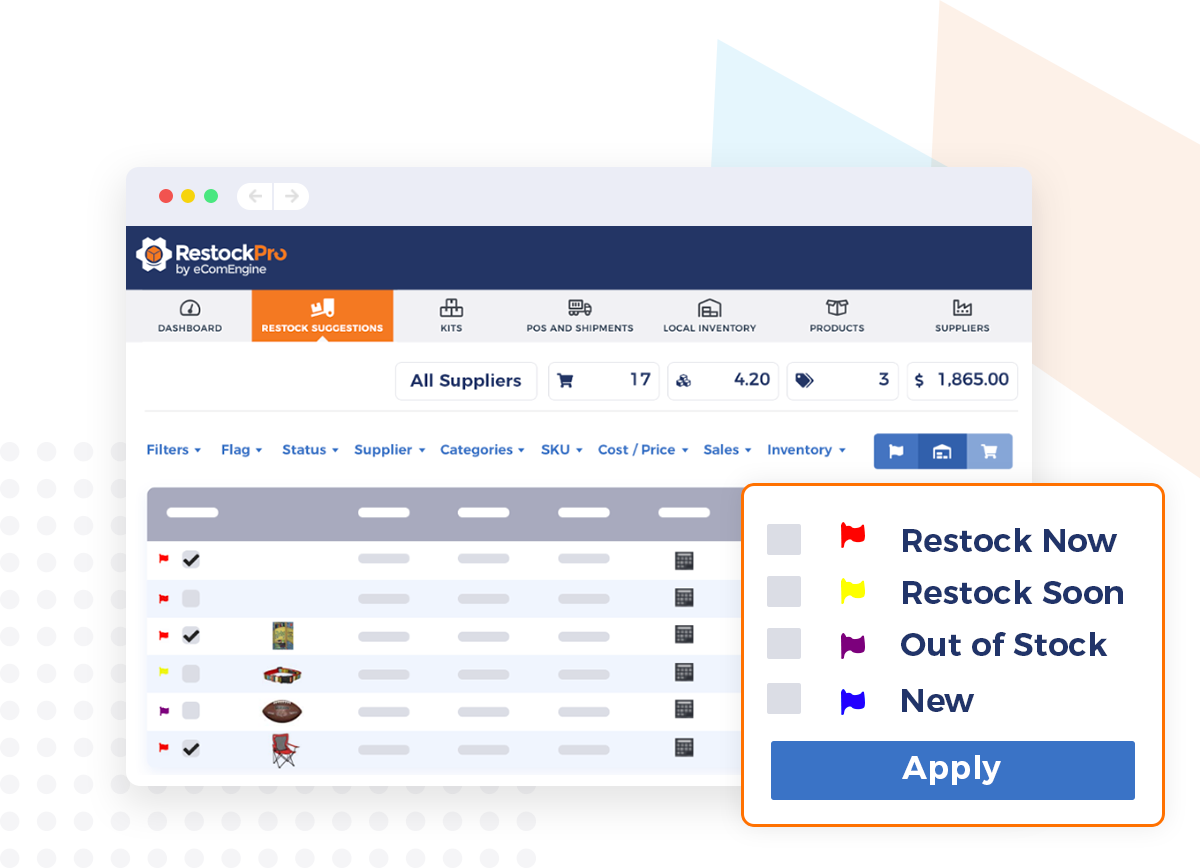 Illustration of the Restock Suggestions view with restock flags in RestockPro