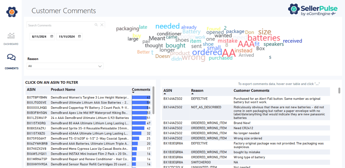 The Customer Comments tab of the Returns Report in SellerPulse