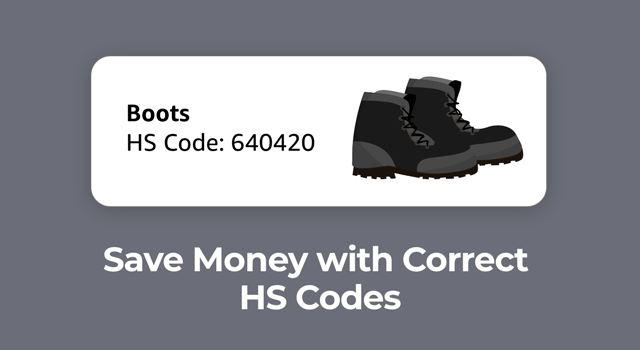 Illustration of HS Code for black boots with text, "Save money with correct HS Codes"