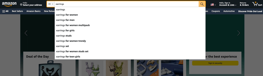 Amazon search bar autocomplete suggestion for earrings
