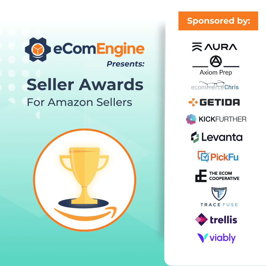 Trophy with text, "eComEngine presents Seller Awards with sponsor logos