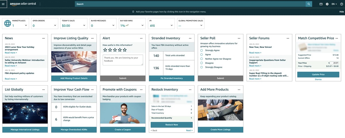 Amazon Seller Central dashboard