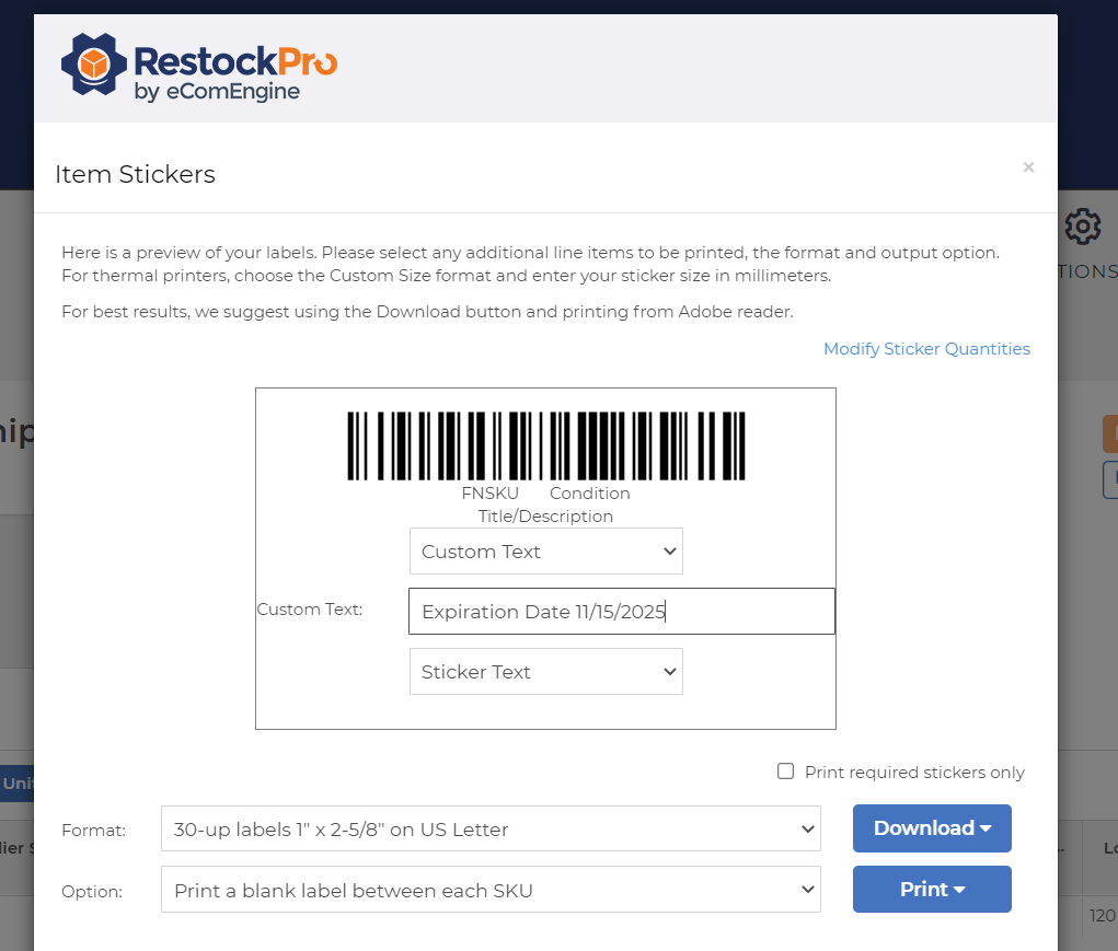 Item stickers preview in RestockPro