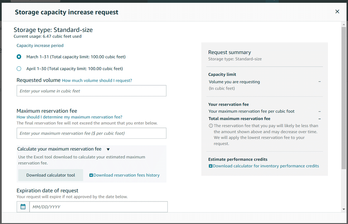 FBA storage capacity increase request in Seller Central