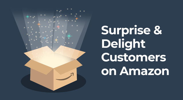 Open Amazon box with light effects and text, "Surprise & delight customers on Amazon"